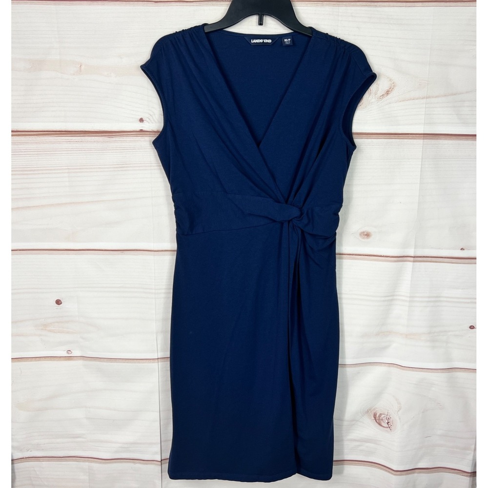 Lands End Dress Womens PM Blue Cap Sleeve Sheath Twist Font V-Neck Jersey Knit